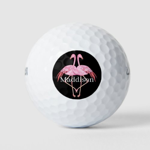 Modern Monogram Name Black Pink Flamingo Golf Balls