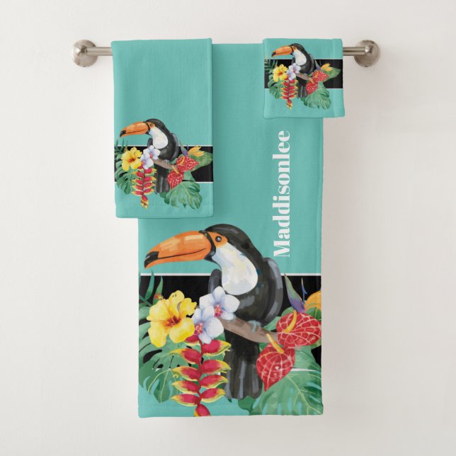 Modern Monogram Name Black Toucan Bathroom Bath Towel Set (Insitu)