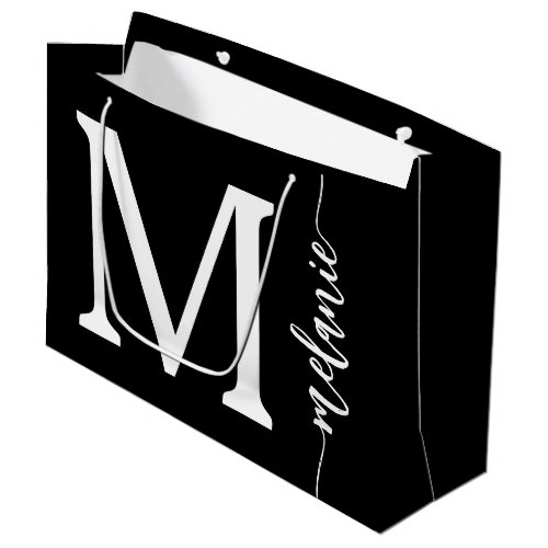 Modern Monogram Name Black White Script  Large Gift Bag