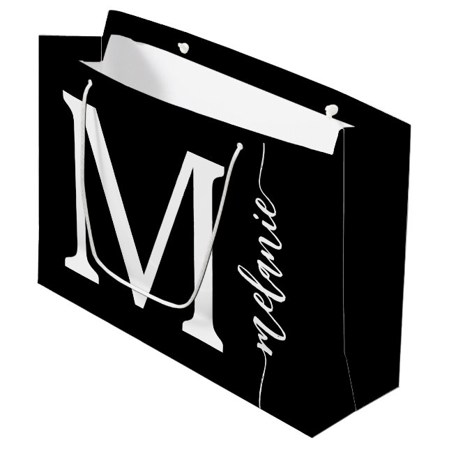 Modern Monogram Name Black White Script  Large Gift Bag (Front Angled)