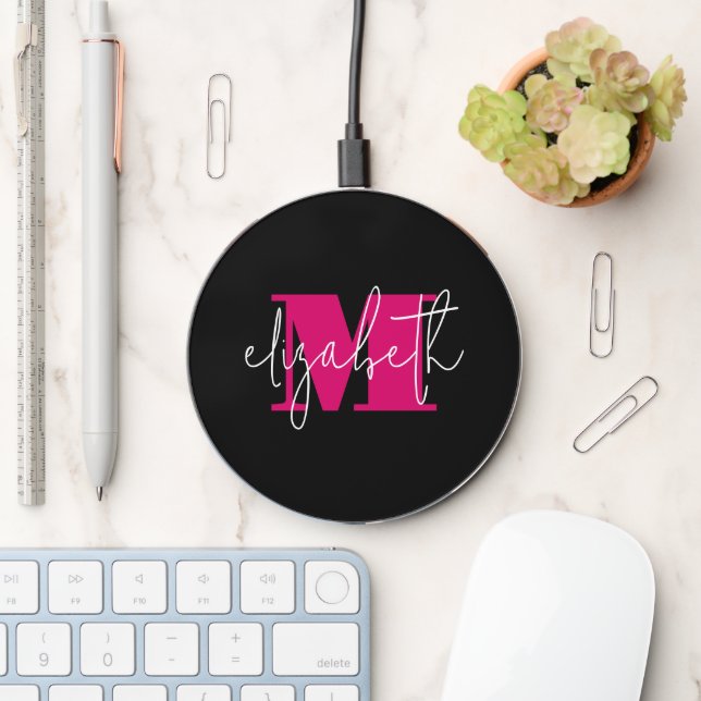 Modern Monogram Name Black Wireless Charger (Desk)
