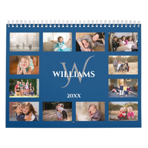 Modern Monogram Name Blue Custom 2025 Photo Calendar