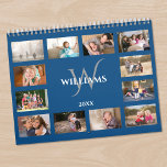 Modern Monogram Name Blue Custom Photo Calendar<br><div class="desc">Create your own modern custom photo calendar. The chic blue cover shows all your photos lining the edges with blue separating them and a space in the middle with your name, monogram, and the year in an elegant font. Take your favorite photos and replace the sample images for each month...</div>