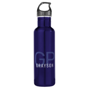 Modern Monogram Name Blue Personalized Stainless Steel Water Bottle