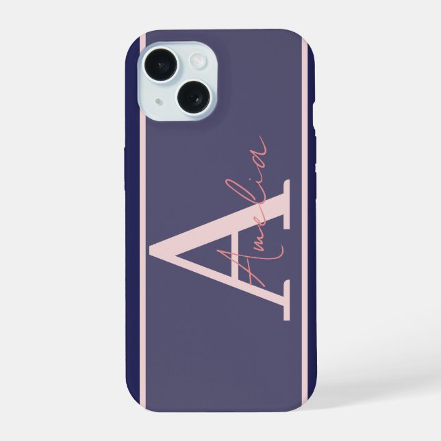 Modern Monogram Name Blue Pink Iphone Case (Back)