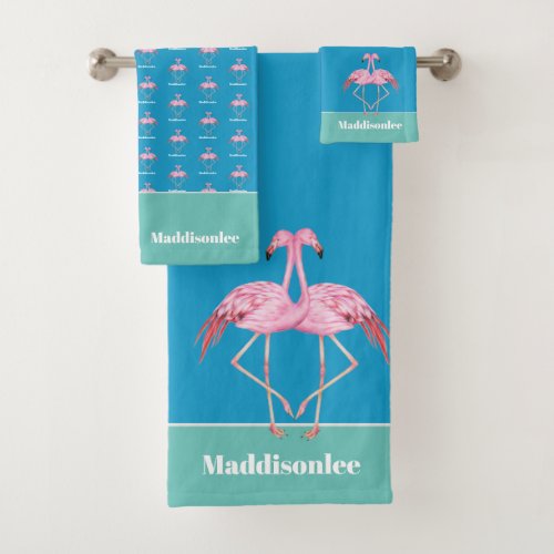 Modern Monogram Name Blue Teal Pink Flamingo Bath Towel Set