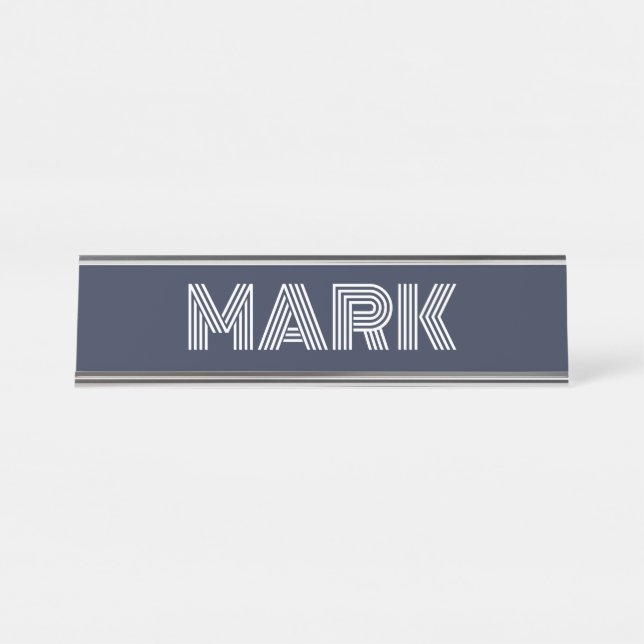 Modern Monogram Name Dark Blue Bold White Stripes Desk Name Plate (Front)