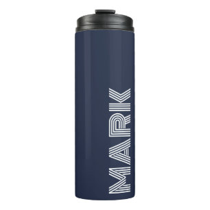 Modern Monogram Name Dark Blue White Stripes Thermal Tumbler