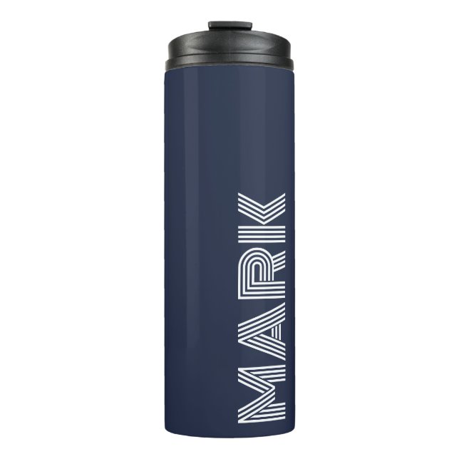 Modern Monogram Name Dark Blue White Stripes Thermal Tumbler (Front)