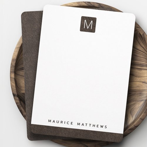 Modern monogram name dark brown leather look note card