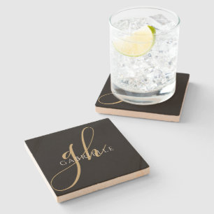 Modern Monogram Name Elegant Script Black Gold Stone Coaster