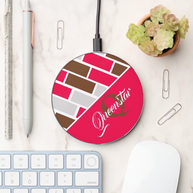 Modern Monogram Name Geometric Brown Pink Pattern Wireless Charger (Desk)