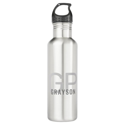 Modern Monogram Name Gray Silver Personalized  Stainless Steel Water Bottle