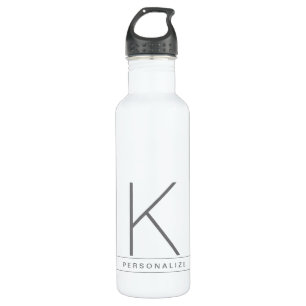 Modern Monogram Name Gray White Simple Stripe Stainless Steel Water Bottle