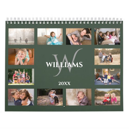 Modern Monogram Name Green Custom 2025 Photo Calendar