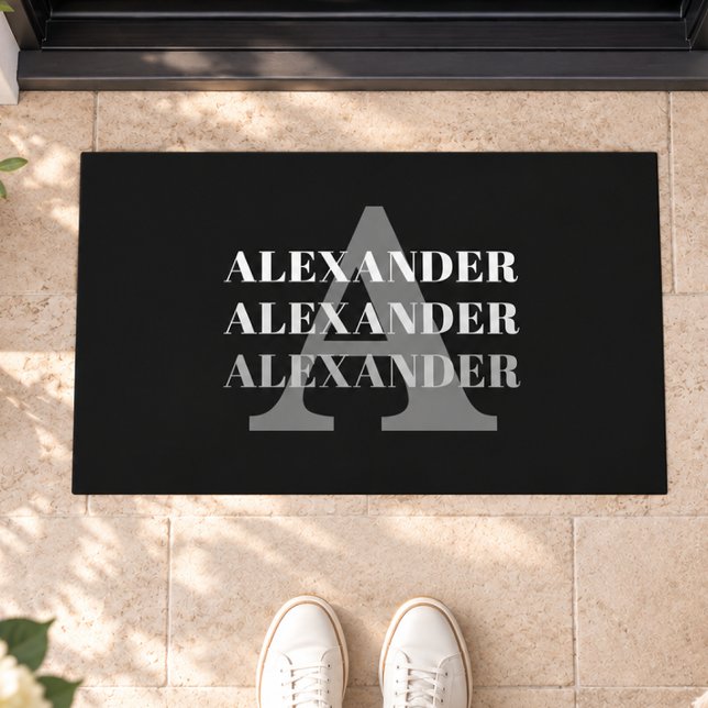 Modern Monogram Name Grey Black Doormat (Creator Uploaded)