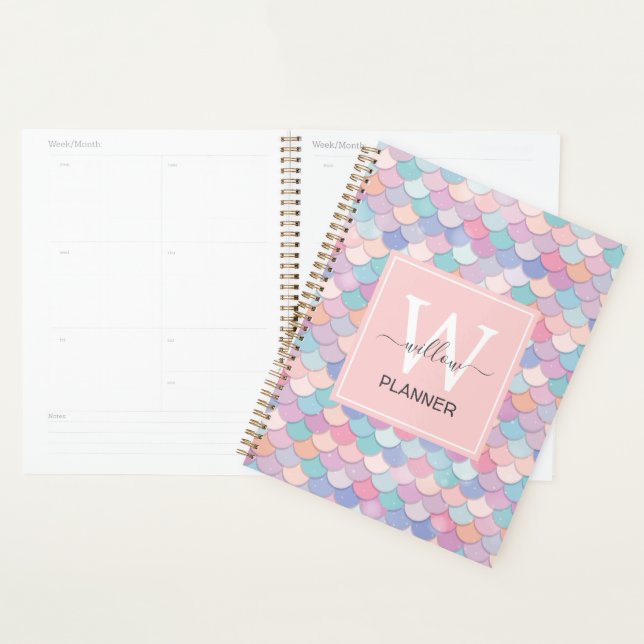 Modern Monogram Name Initial Mermaid Pale Pink Planner (Display)