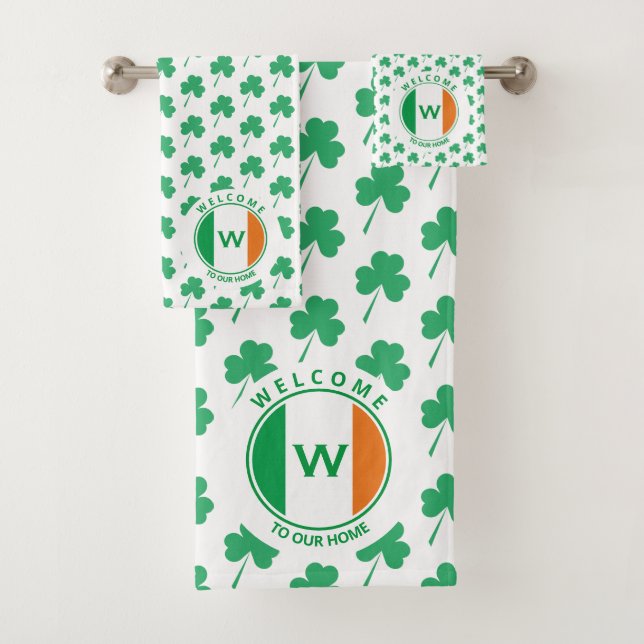 Modern Monogram Name Irish Flag Shamrock Bath Towel Set (Insitu)