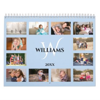 Modern Monogram Name Light Blue Custom 2021 Photo Calendar