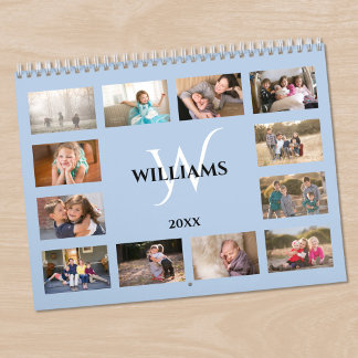 Modern Monogram Name Light Blue Custom Photo Calendar