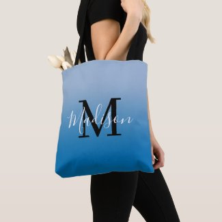 Modern Monogram Name Light to Dark Blue Gradient Tote Bag