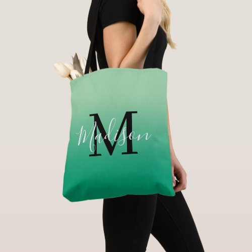 Modern Monogram Name Light to Dark Green Gradient Tote Bag