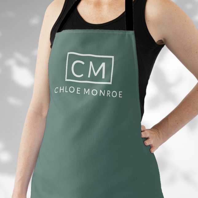 Modern Monogram Name Minimalist Stylish Green Apron (Creator Uploaded)