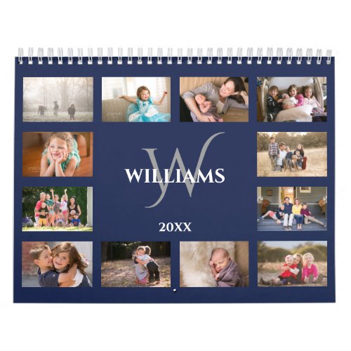 Modern Monogram Name Navy Blue Custom 2025 Photo Calendar