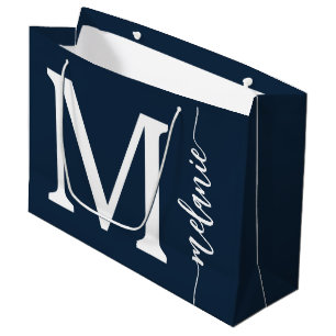 Modern Monogram Name Navy White Script  Large Bag