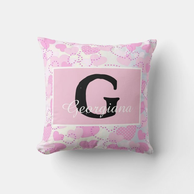 Modern Monogram Name on Purple Pink White Hearts  Throw Pillow (Front)