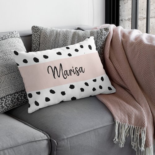 Modern Monogram Name  Pastel Pink  Black Dots Accent Pillow