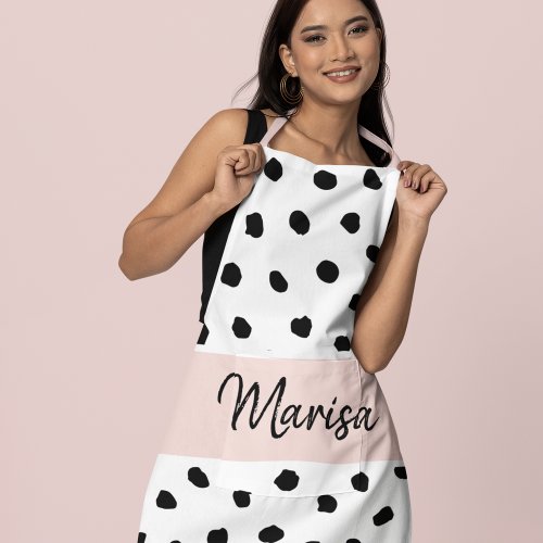 Modern Monogram Name  Pastel Pink  Black Dots Apron