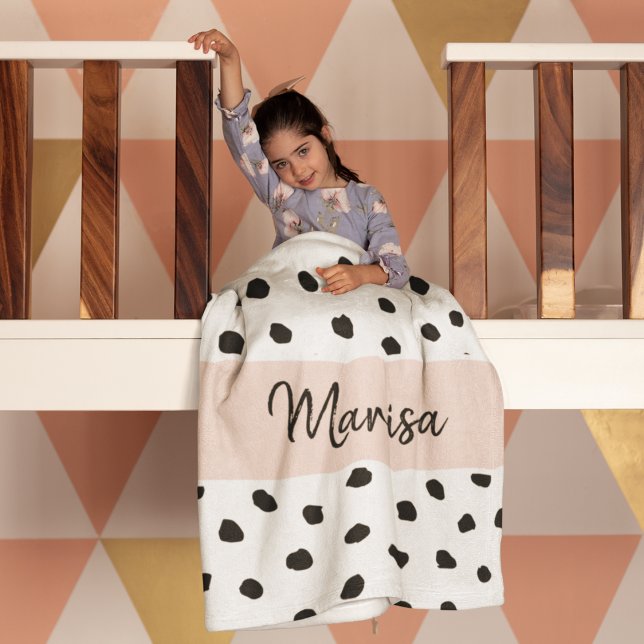 Modern Monogram Name | Pastel Pink & Black Dots Baby Blanket (Creator Uploaded)