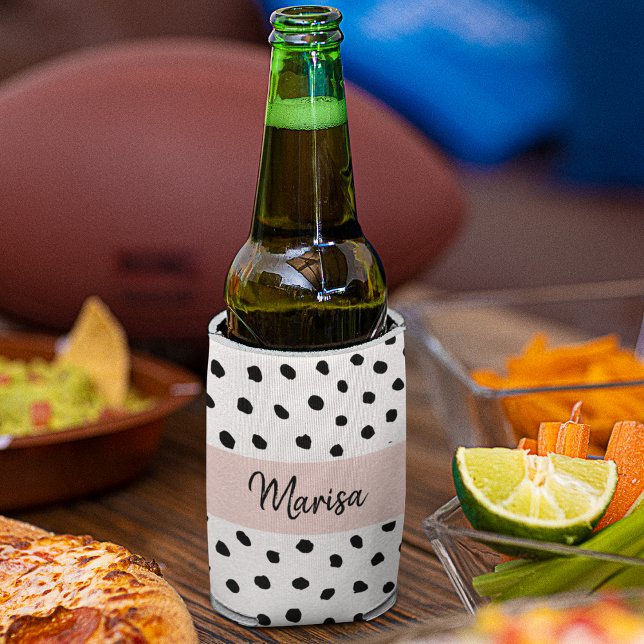 Modern Monogram Name | Pastel Pink & Black Dots Can Cooler (Creator Uploaded)