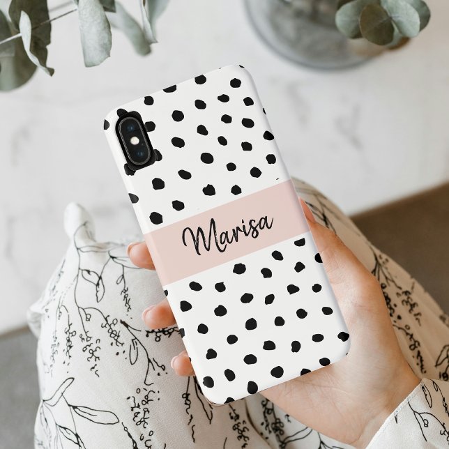 Modern Monogram Name | Pastel Pink & Black Dots Case-Mate iPhone Case (Creator Uploaded)