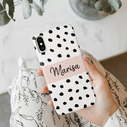 Modern Monogram Name  Pastel Pink  Black Dots iPhone XS Case