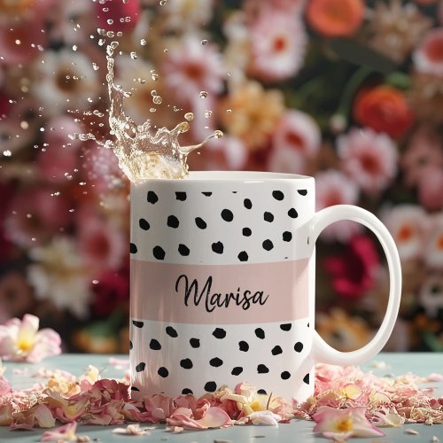 Modern Monogram Name  Pastel Pink  Black Dots Coffee Mug