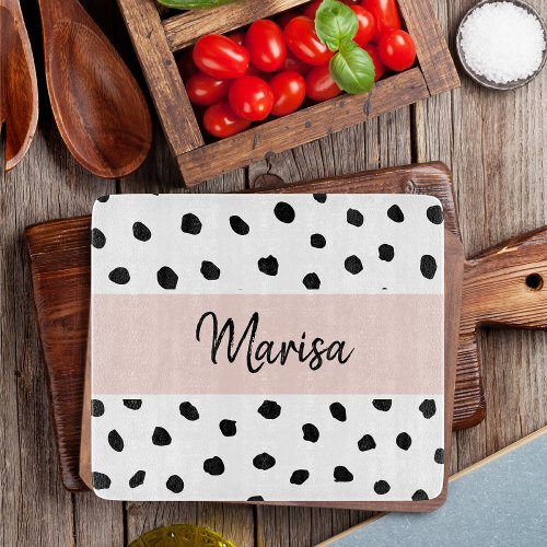 Modern Monogram Name  Pastel Pink  Black Dots Cutting Board