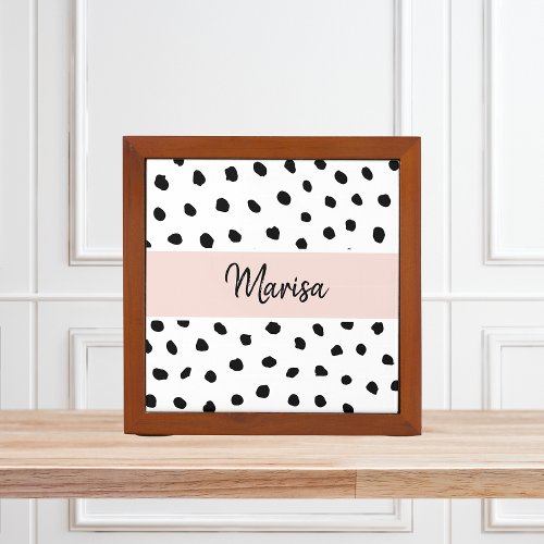 Modern Monogram Name  Pastel Pink  Black Dots Desk Organizer