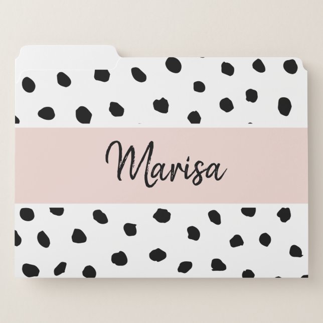 Modern Monogram Name | Pastel Pink & Black Dots File Folder (Front Left)