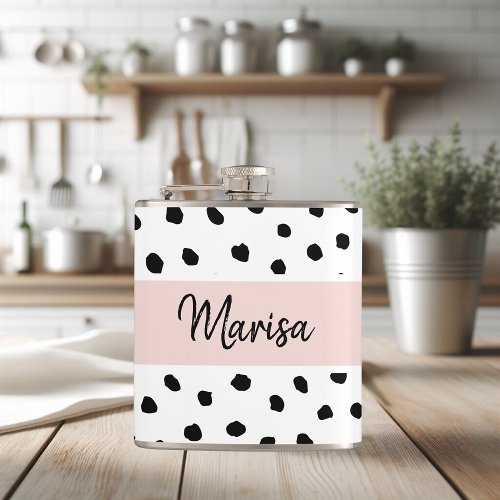 Modern Monogram Name  Pastel Pink  Black Dots Flask