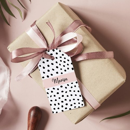 Modern Monogram Name  Pastel Pink  Black Dots Gift Tags