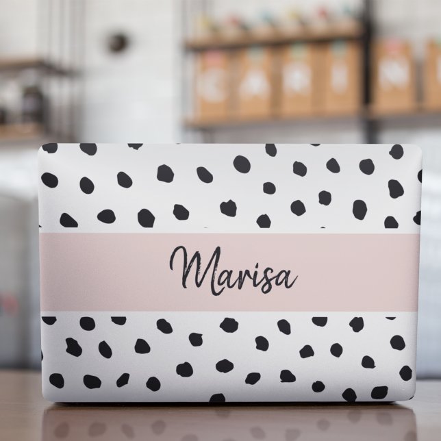 Modern Monogram Name | Pastel Pink & Black Dots HP Laptop Skin (Creator Uploaded)