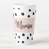 Modern Monogram Name | Pastel Pink & Black Dots Latte Mug (Front)