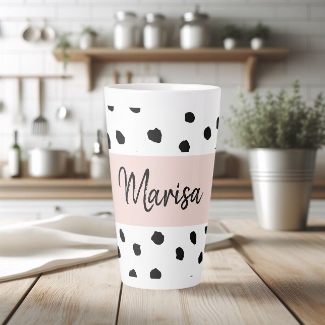 Modern Monogram Name | Pastel Pink & Black Dots Latte Mug