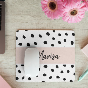 Modern Monogram Name | Pastel Pink & Black Dots Mouse Pad