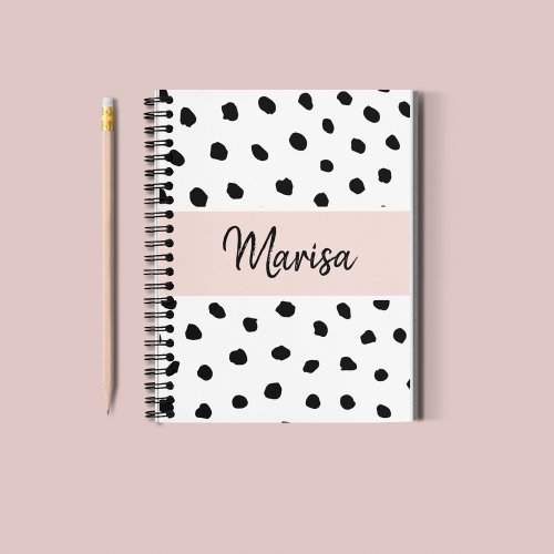 Modern Monogram Name  Pastel Pink  Black Dots Notebook
