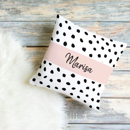 Modern Monogram Name  Pastel Pink  Black Dots Outdoor Pillow