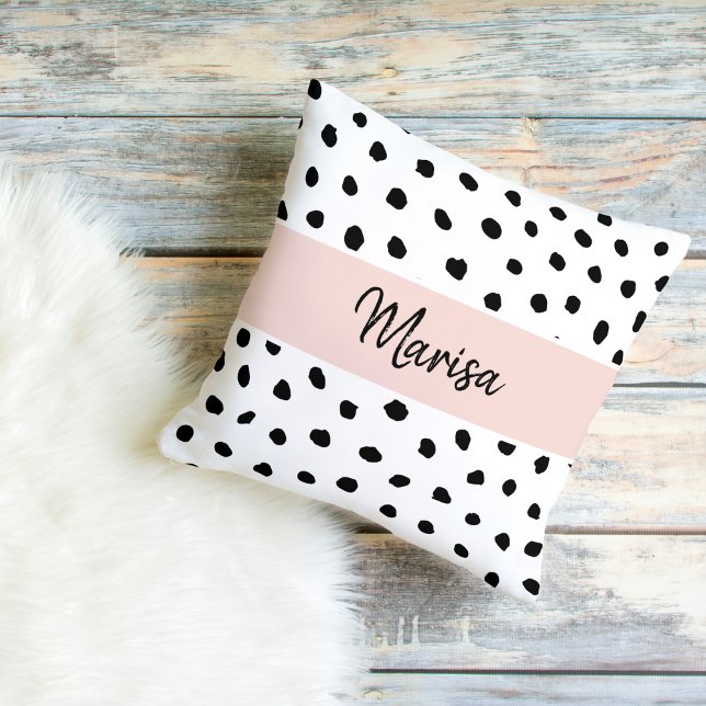 Modern Monogram Name | Pastel Pink & Black Dots Outdoor Pillow (Creator Uploaded)