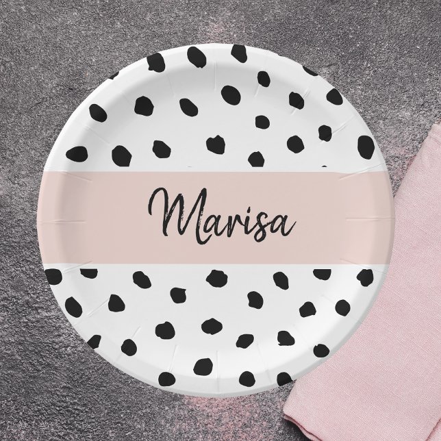 Modern Monogram Name | Pastel Pink & Black Dots Paper Plates (Creator Uploaded)